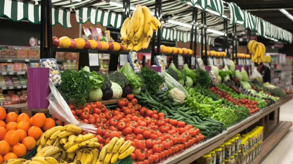 Feira com frutas e vegetais